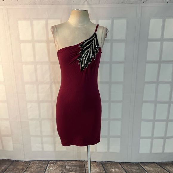 Sky Dresses & Skirts - Sky maroon one shoulder embellished leaf beaded mini tunic dress